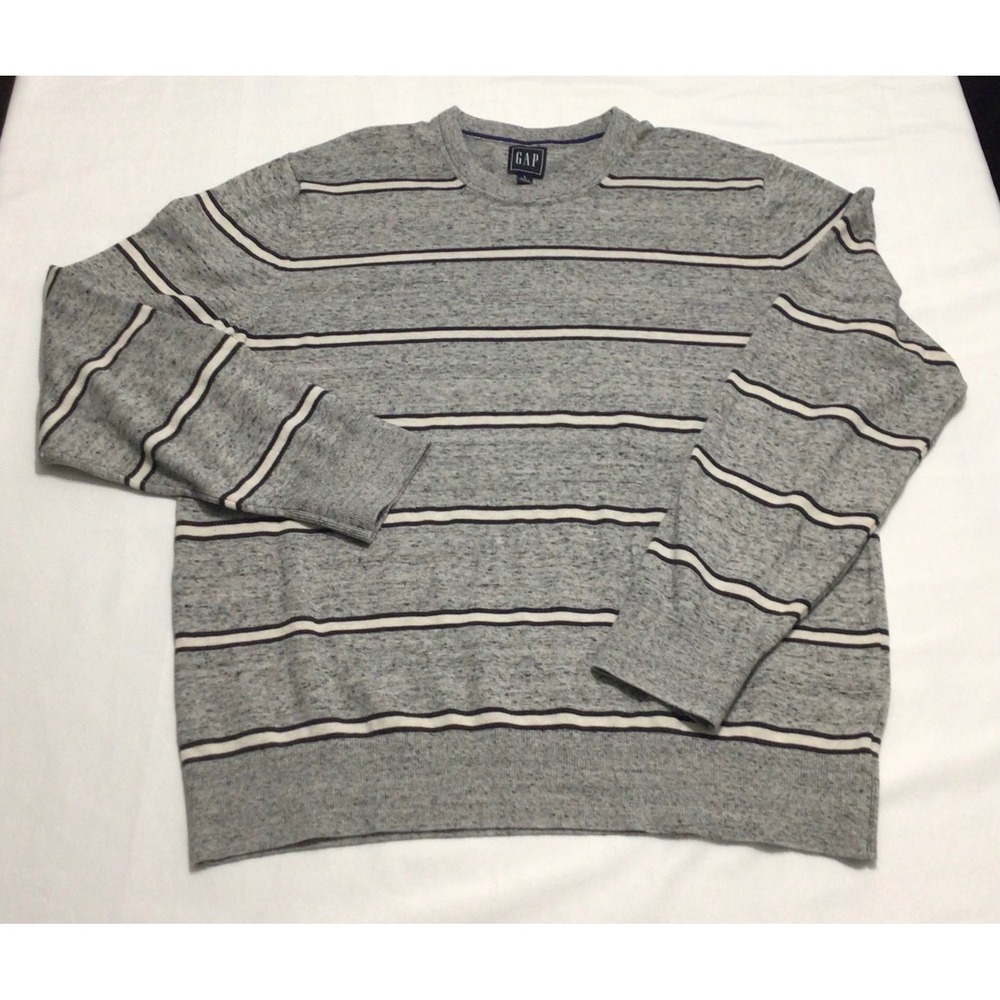 Gap Mens Crewneck‎ Sweater Large Grey Navy White Striped Marled Knit Pullover
